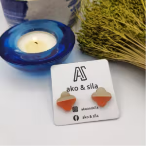 Orange White Geometric Wood Earrings