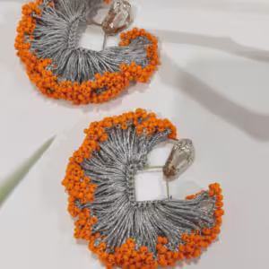 Orange Silver Fringe Beaded Earrings