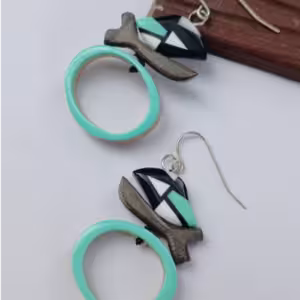 Aqua Ring Geometric Wood Earrings