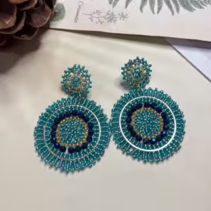 Blue Black Round Beaded Statement Earrings