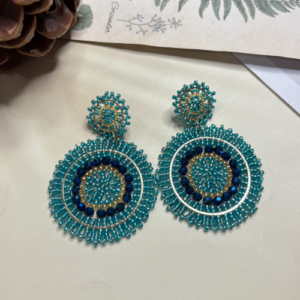 Blue Black Round Beaded Statement Earrings