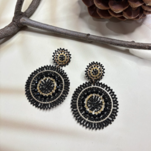 Black Gold Round Beaded Statement Earrings