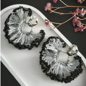 Black Grey Fringe Beaded Earrings