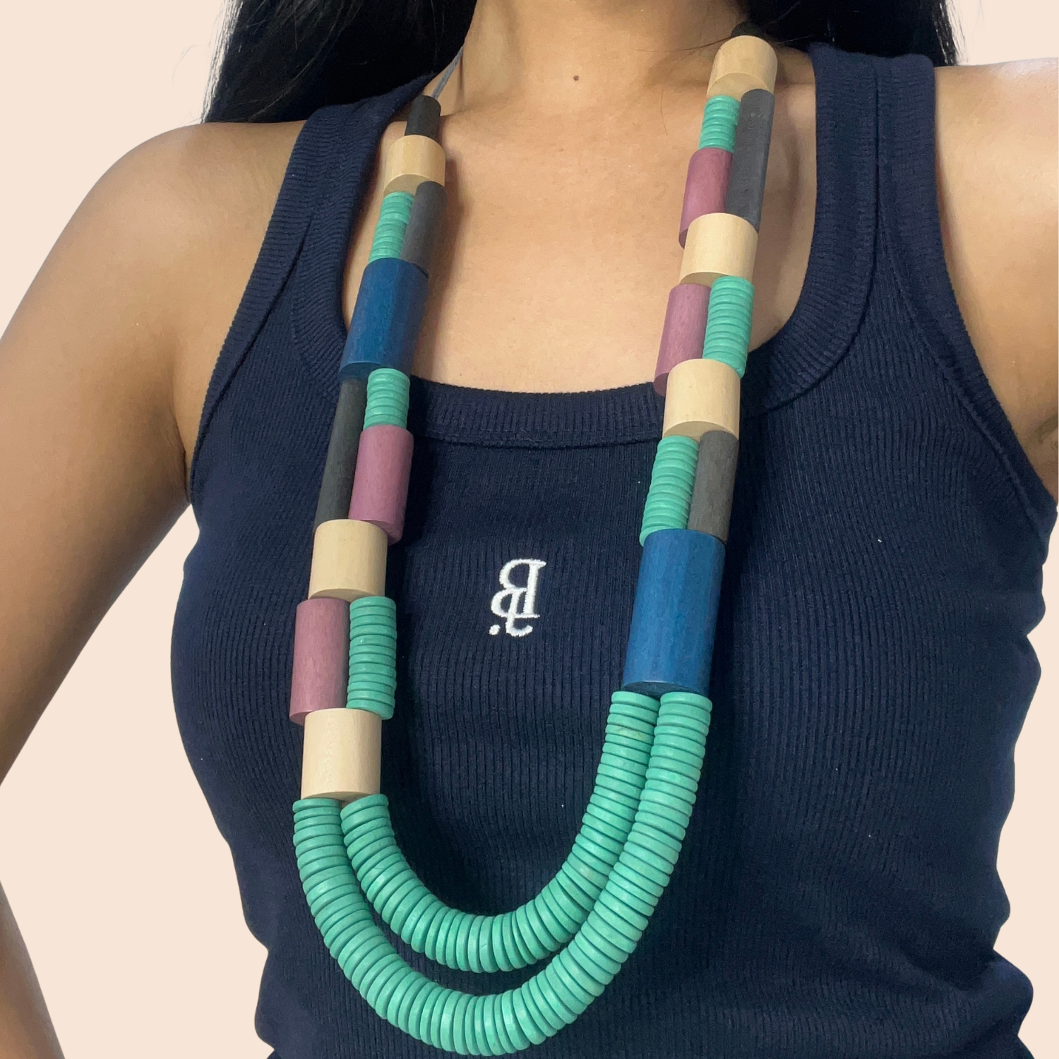 Aqua Pink Layered Wood Necklace - Image 3
