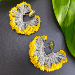 Yellow Grey Fringe Beaded Earrings