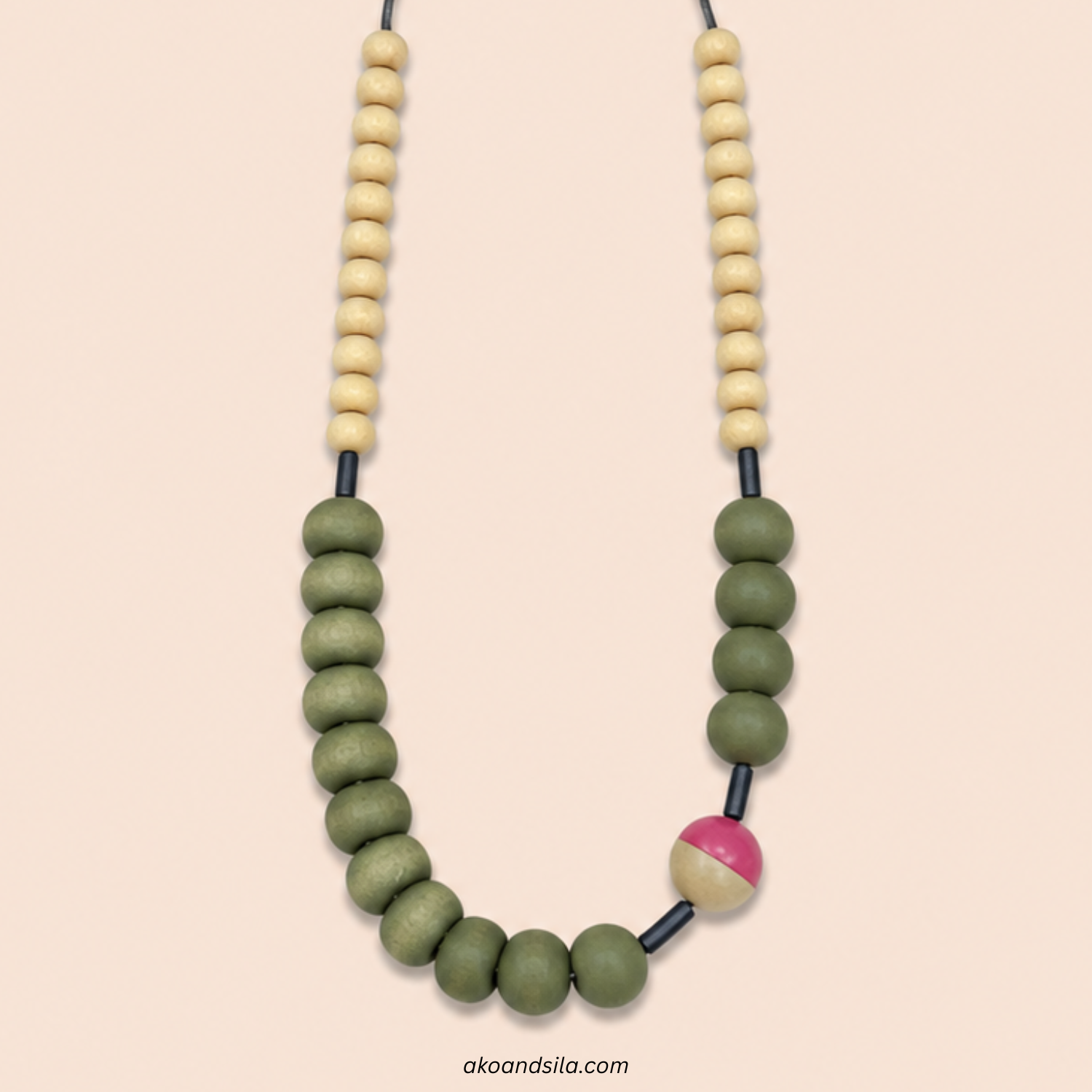 Olive Pink Wood Bead Necklace - Image 3