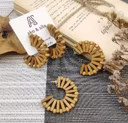 Brown Wood Sunburst Hoop Earrings