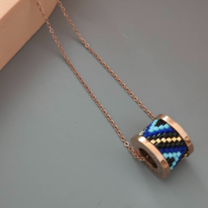 Rose Gold Deep Blue Beaded Spool Pendant Necklace