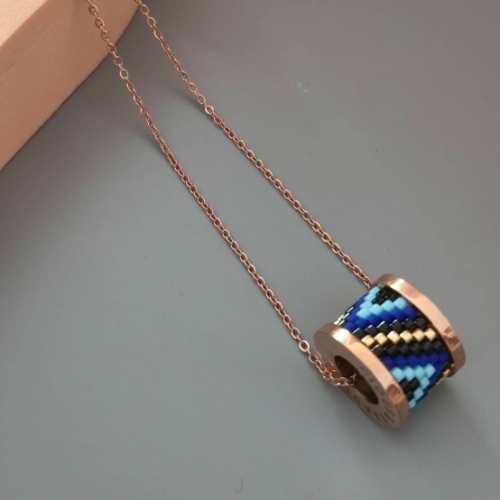 Rose Gold Deep Blue Beaded Spool Pendant Necklace
