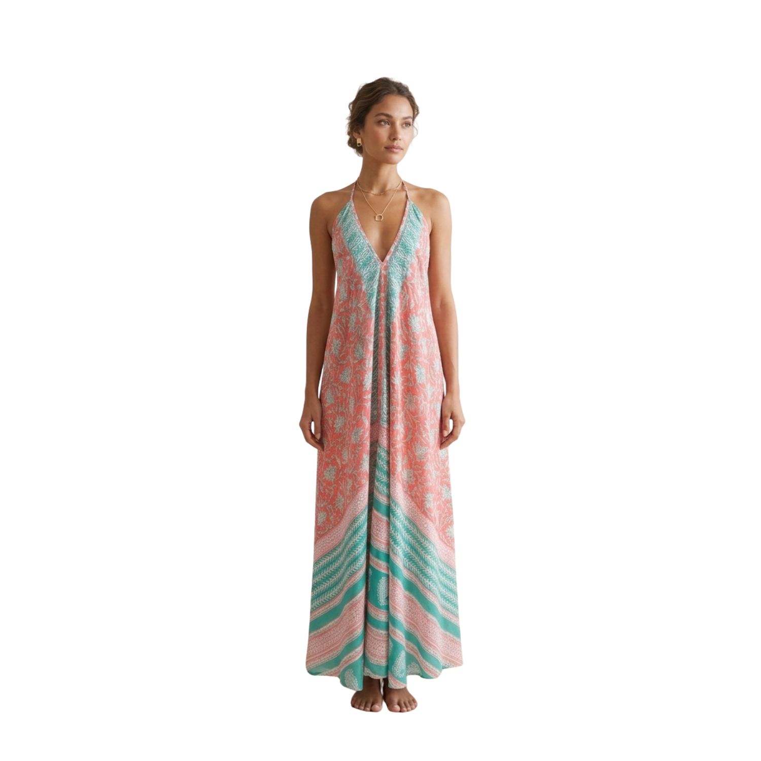 Coral Aqua Floral Print Free Size Dress