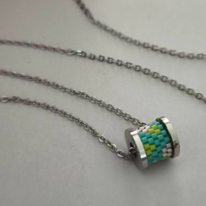 Silver Aqua Green Beaded Spool Pendant Necklace