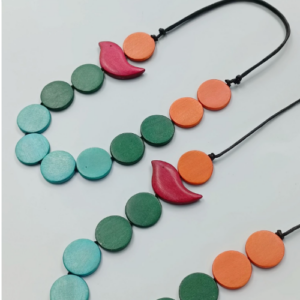 Green Pink Leaf Wood Necklace