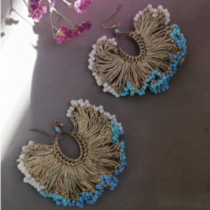 Aqua White Beaded Fringe Earrings