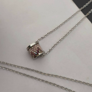 Silver Pink Beaded Spool Pendant Necklace