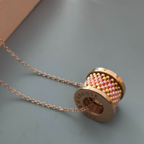 Rose Gold Pink Beaded Spool Pendant Necklace
