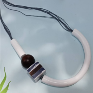 Yellow Blue Crescent Wood Necklace