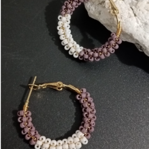 Mauve White Beaded Hoop Earrings