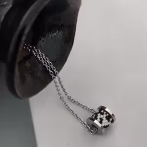 Silver Black White Beaded Spool Pendant Necklace