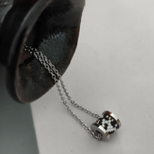 Silver Black White Beaded Spool Pendant Necklace