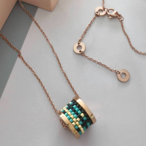 Rose Gold Blue Black Beaded Spool Pendant Necklace