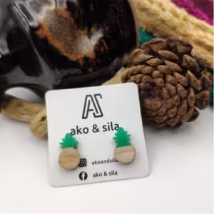 Green Cream Geometric Wood Earrings