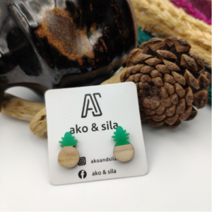 Green Cream Geometric Wood Earrings
