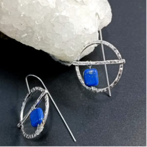 Blue Stone Circle Threader Earrings