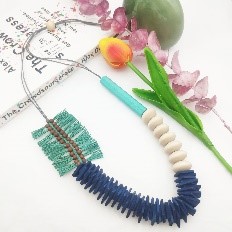 Blue Ivory Fringe Wood Necklace