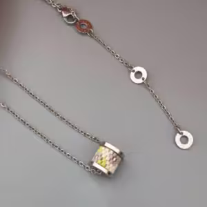 Silver Pink Green Beaded Spool Pendant Necklace