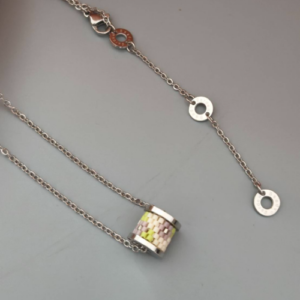 Silver Pink Green Beaded Spool Pendant Necklace