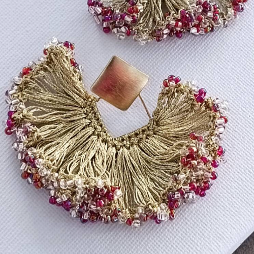 Red Multicolor Beaded Fan Earrings