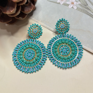 Aqua Blue Round Beaded Statement Earrings