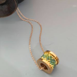 Gold Green Beaded Spool Pendant Necklace