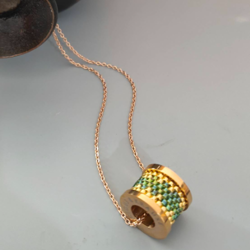Gold Green Beaded Spool Pendant Necklace