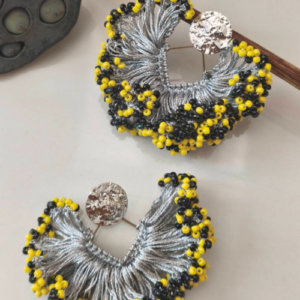 Black Yellow Silver Fringe Beaded Earrings