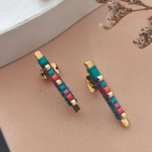 Blue Multicolor Beaded Bar Stud Earrings