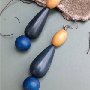 Blue Yellow Teardrop Wood Earrings