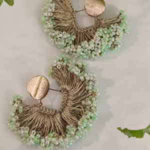 White Green Gold Fringe Beaded Earrings