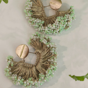 White Green Golden Fringe Beaded Earrings