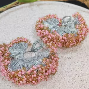 Pink Silver Beaded Fan Earrings