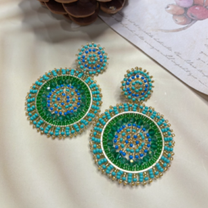 Blue Green Round Beaded Statement Earrings