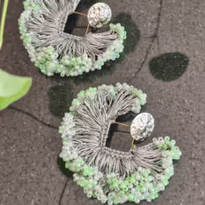 White Green Silver Fringe Beaded Earrings