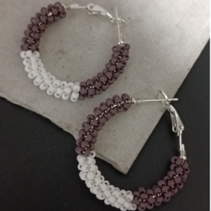 Mauve White Beaded Hoop Earrings