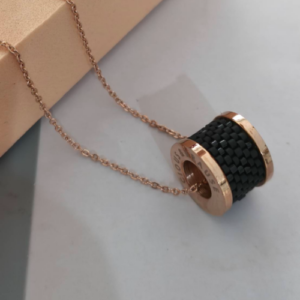 Rose Gold Black Beaded Spool Pendant Necklace