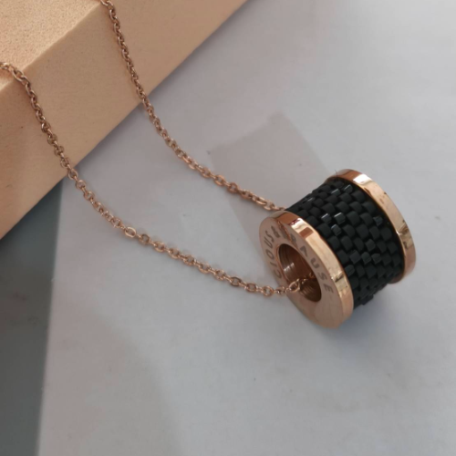 Rose Gold Black Beaded Spool Pendant Necklace