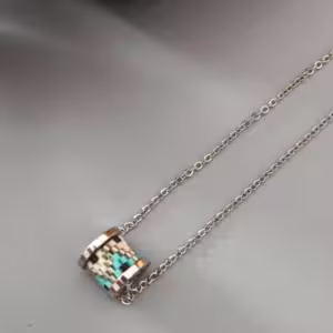 Silver Grey Turquoise Beaded Spool Pendant Necklace