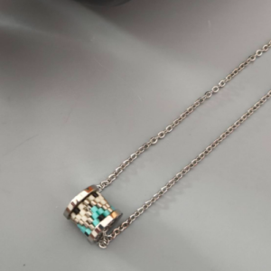 Silver Grey Turquoise Beaded Spool Pendant Necklace