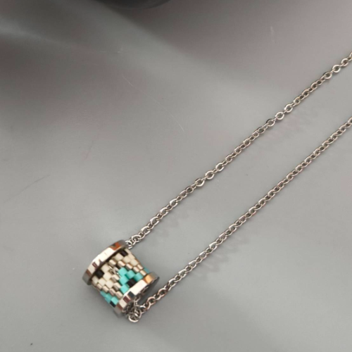 Silver Grey Turquoise Beaded Spool Pendant Necklace