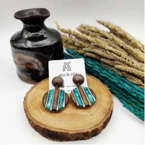 Turquoise Stripe Wood Earrings
