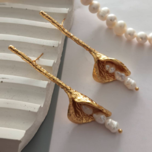 Golden Lily Pearl Drop Earrings